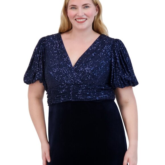 Eliza J Plus Size V-Neck Sequin & Velvet Gown – Navy – NWT – Size 14W - Picture 3 of 4